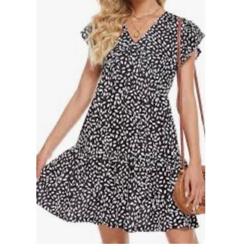 Altar'd State Black & White Rayon Spotted Tier Babydoll Mini Dress Women's Large